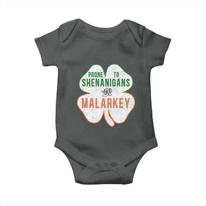 Prone to Shenanigans and Malarkey Baby Onesie Funny St Patricks Day Shamrock TS11 Dark Heather Print Your Wear