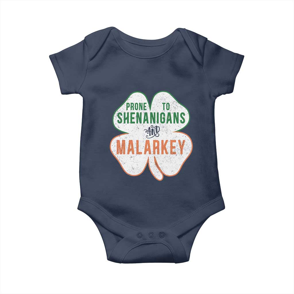 Prone to Shenanigans and Malarkey Baby Onesie Funny St Patricks Day Shamrock TS11 Navy Print Your Wear