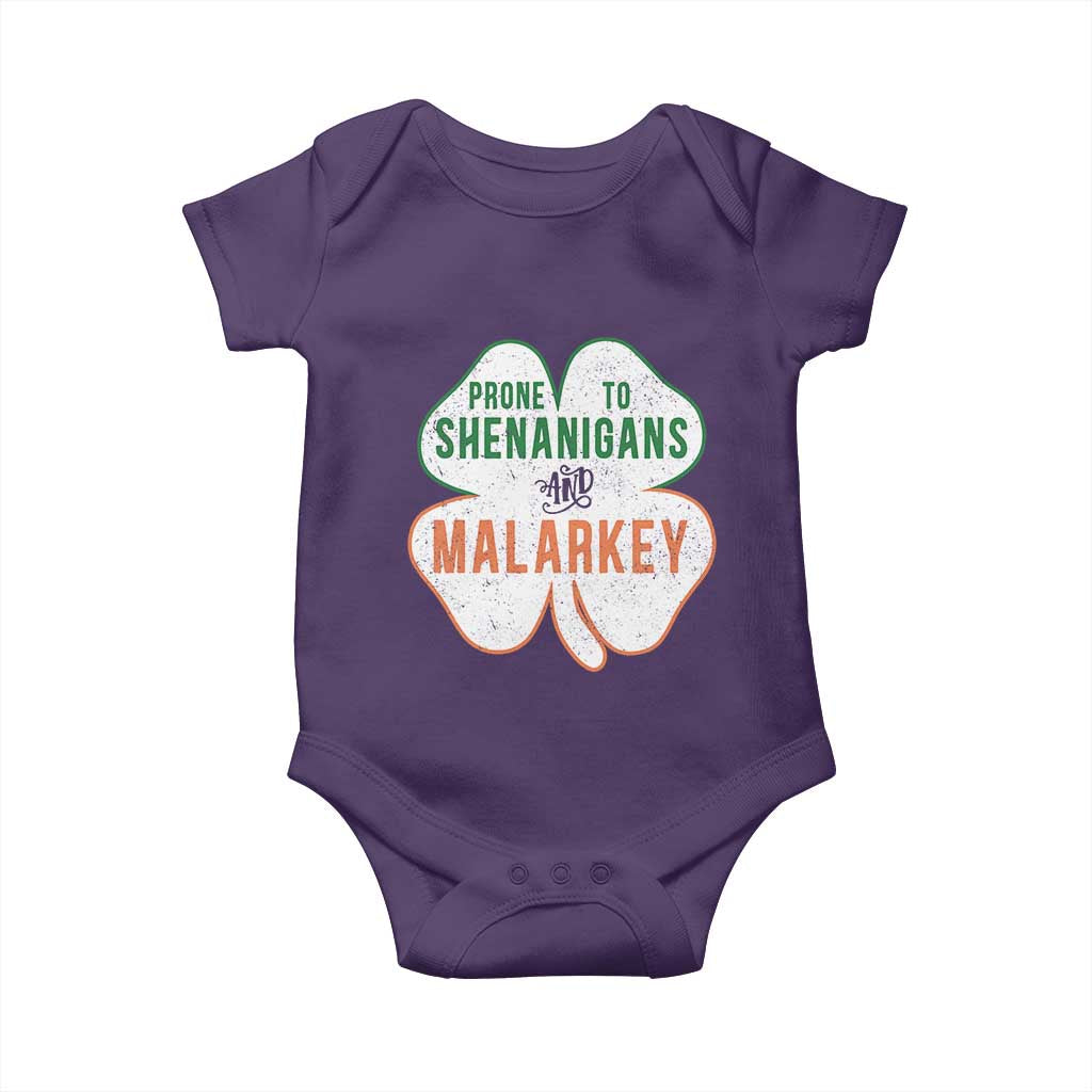 Prone to Shenanigans and Malarkey Baby Onesie Funny St Patricks Day Shamrock TS11 Purple Print Your Wear