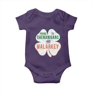 Prone to Shenanigans and Malarkey Baby Onesie Funny St Patricks Day Shamrock TS11 Purple Print Your Wear