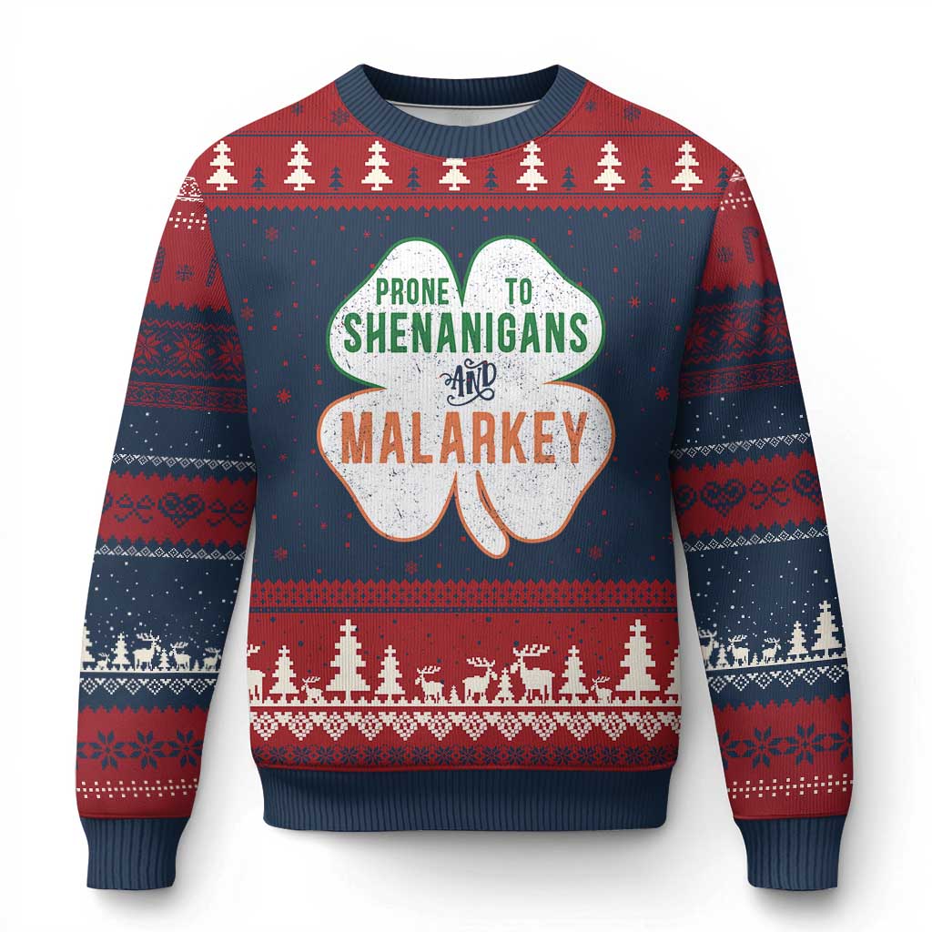 Prone to Shenanigans and Malarkey Ugly Christmas Sweater Funny St Patricks Day Shamrock TS11 Navy Red Print Your Wear
