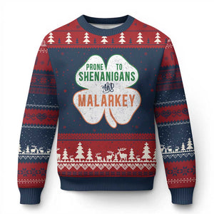 Prone to Shenanigans and Malarkey Ugly Christmas Sweater Funny St Patricks Day Shamrock TS11 Navy Red Print Your Wear