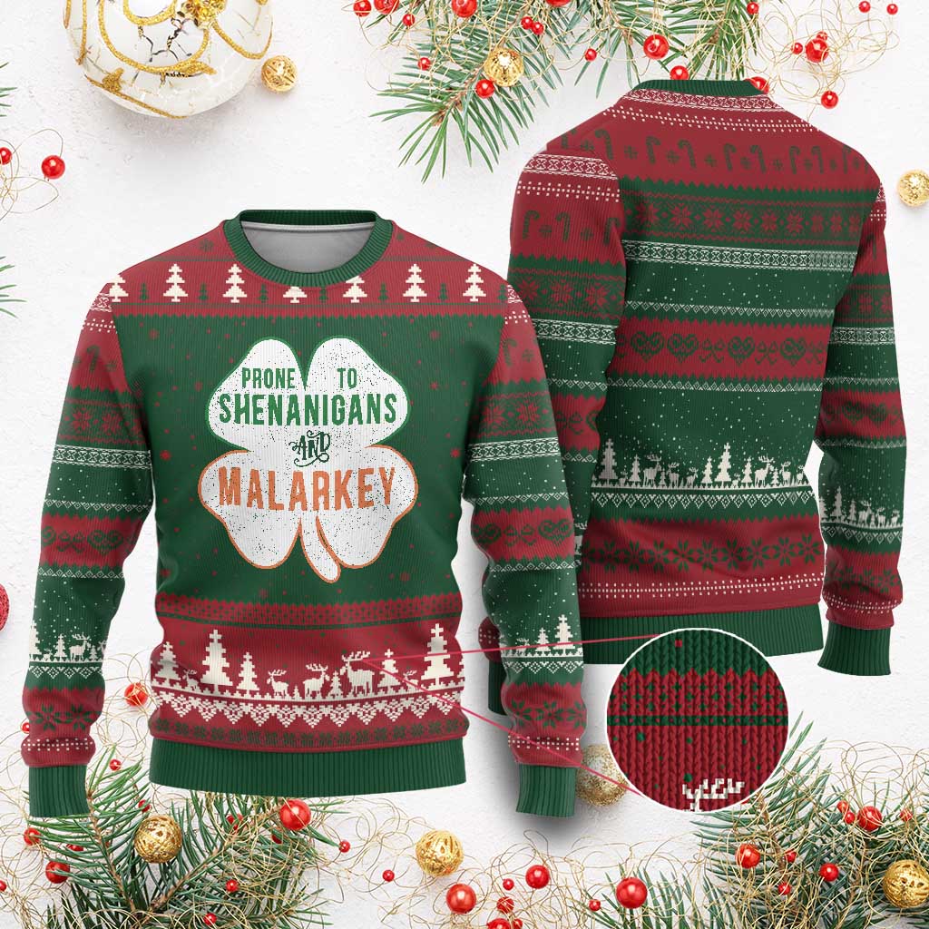 Prone to Shenanigans and Malarkey Ugly Christmas Sweater Funny St Patricks Day Shamrock TS11 Red Green Print Your Wear