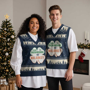 Prone to Shenanigans and Malarkey V-Neck Knit Sweater Vest Funny St Patricks Day Shamrock TS11 Navy Beige Print Your Wear