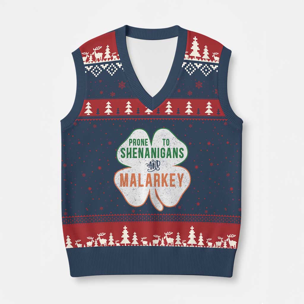 Prone to Shenanigans and Malarkey V-Neck Knit Sweater Vest Funny St Patricks Day Shamrock TS11 Navy Red Print Your Wear