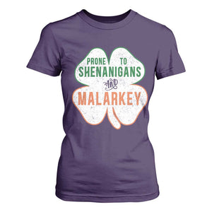 Prone to Shenanigans and Malarkey T Shirt For Women Funny St Patricks Day Shamrock TS11 Purple Print Your Wear