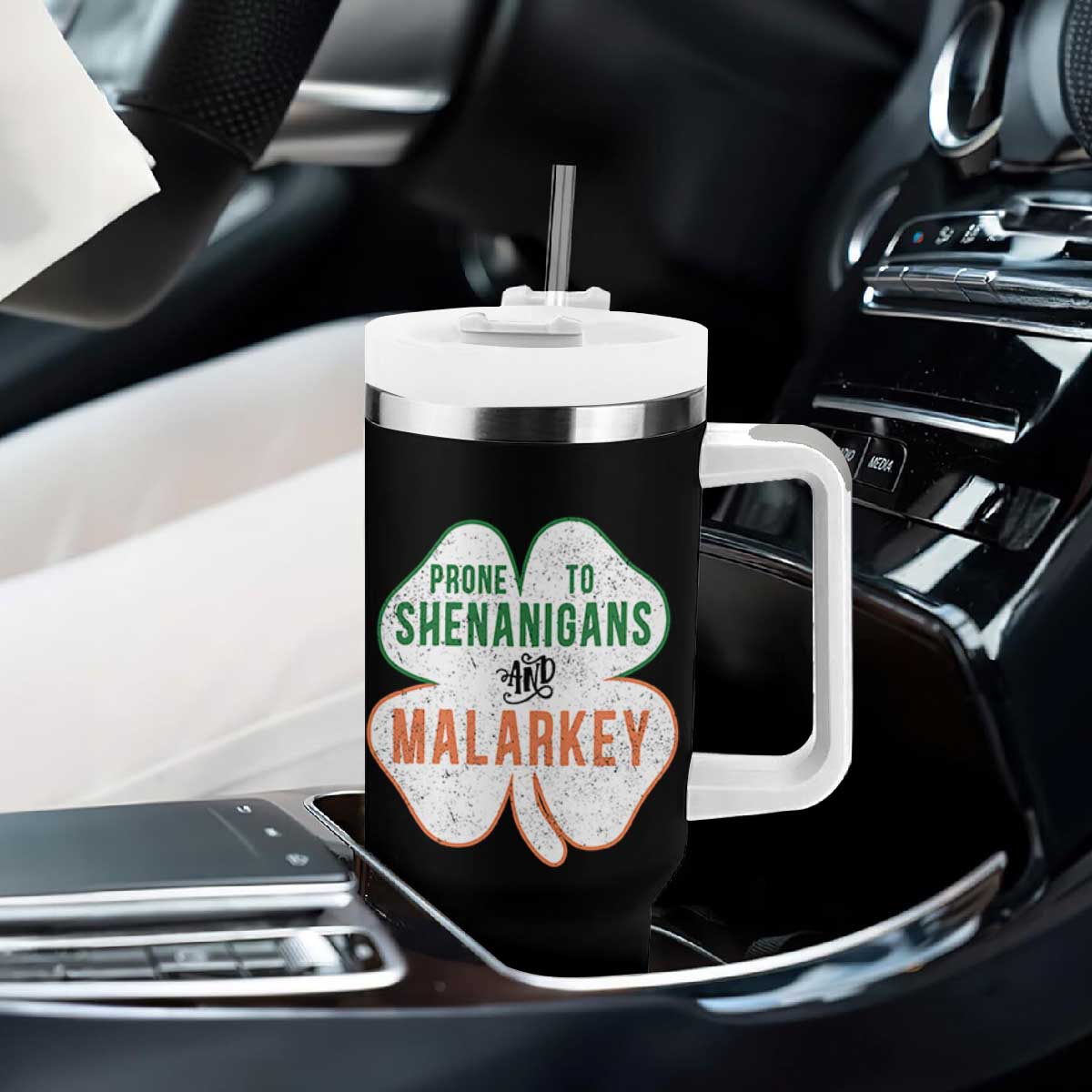 Prone to Shenanigans and Malarkey Tumbler With Handle Funny St Patricks Day Shamrock TS11 Print Your Wear