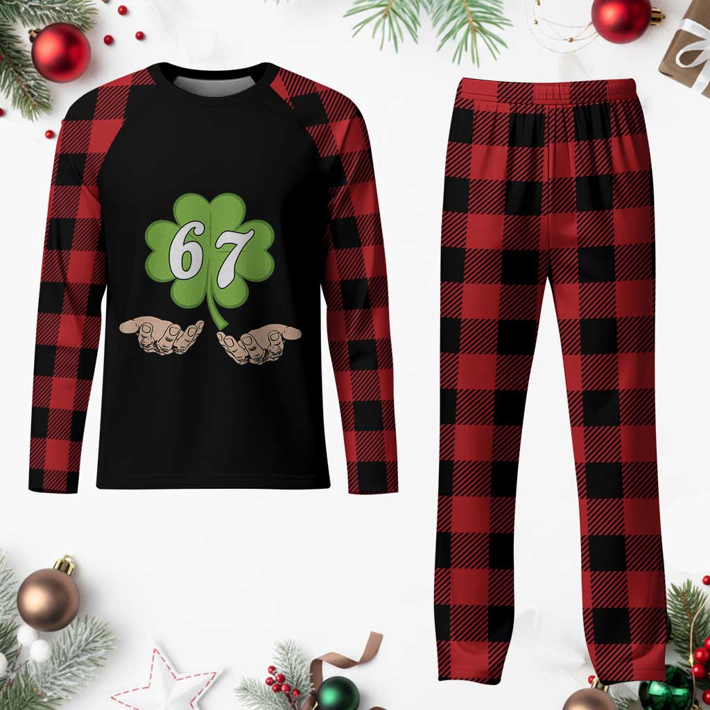 67 St Patricks Day Plaid Pajama Set Six Seven Meme Shamrock Hand Gesture TS11 Buffalo Plaid Print Your Wear