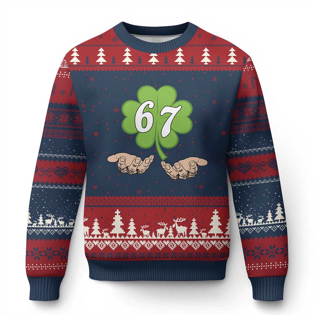 67 St Patricks Day Ugly Christmas Sweater Six Seven Meme Shamrock Hand Gesture TS11 Navy Red Print Your Wear