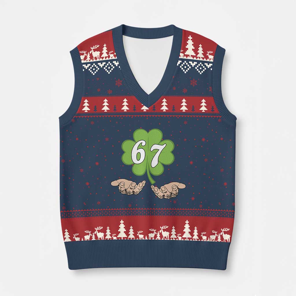 67 St Patricks Day V-Neck Knit Sweater Vest Six Seven Meme Shamrock Hand Gesture TS11 Navy Red Print Your Wear