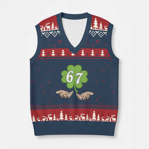 67 St Patricks Day V-Neck Knit Sweater Vest Six Seven Meme Shamrock Hand Gesture TS11 Navy Red Print Your Wear