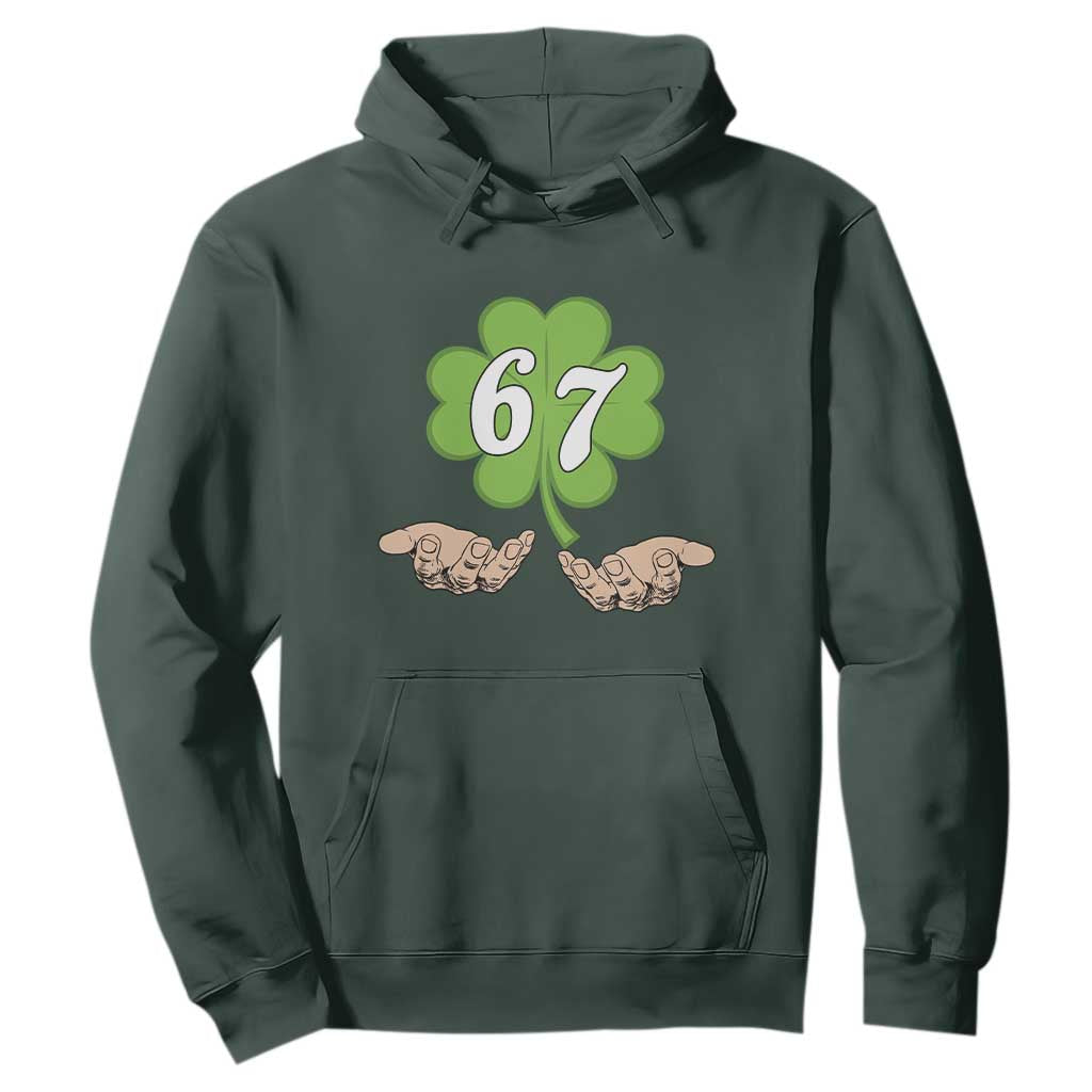 67 St Patricks Day Hoodie Six Seven Meme Shamrock Hand Gesture TS11 Dark Forest Green Print Your Wear