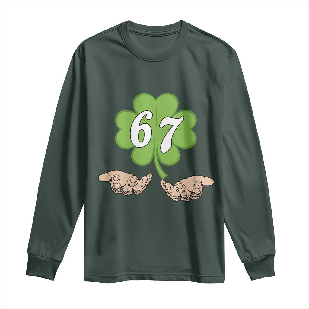 67 St Patricks Day Long Sleeve Shirt Six Seven Meme Shamrock Hand Gesture TS11 Dark Forest Green Print Your Wear