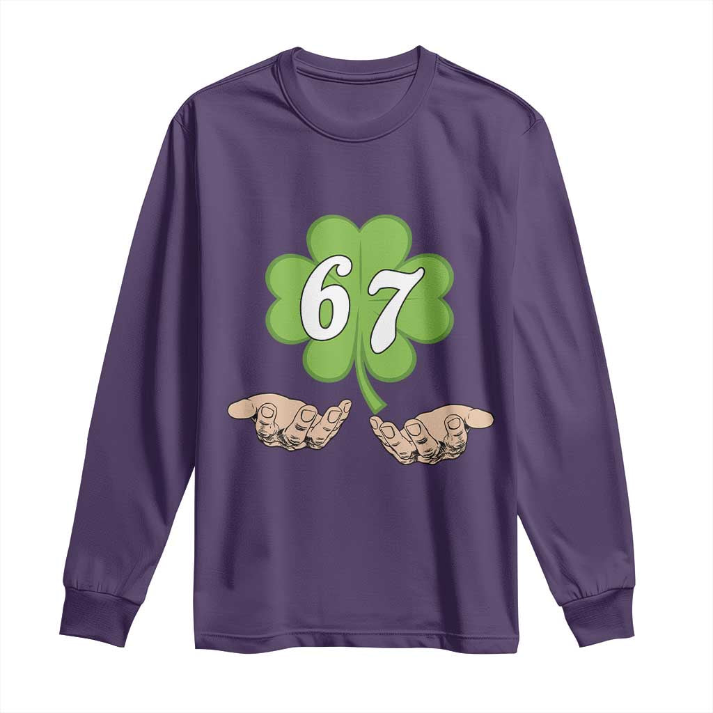 67 St Patricks Day Long Sleeve Shirt Six Seven Meme Shamrock Hand Gesture TS11 Purple Print Your Wear