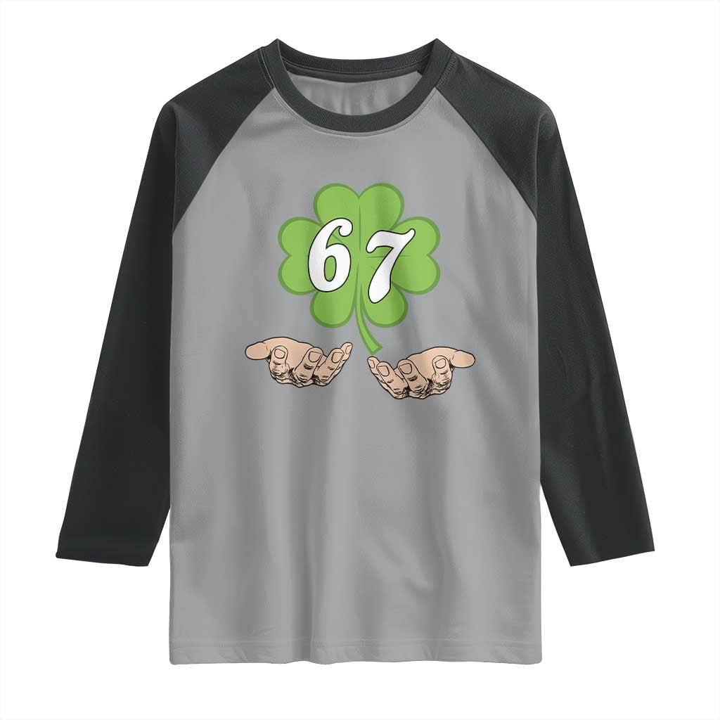 67 St Patricks Day Raglan Shirt Six Seven Meme Shamrock Hand Gesture TS11 Sport Gray Black Print Your Wear