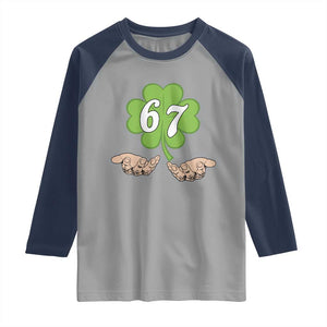 67 St Patricks Day Raglan Shirt Six Seven Meme Shamrock Hand Gesture TS11 Sport Gray Navy Print Your Wear