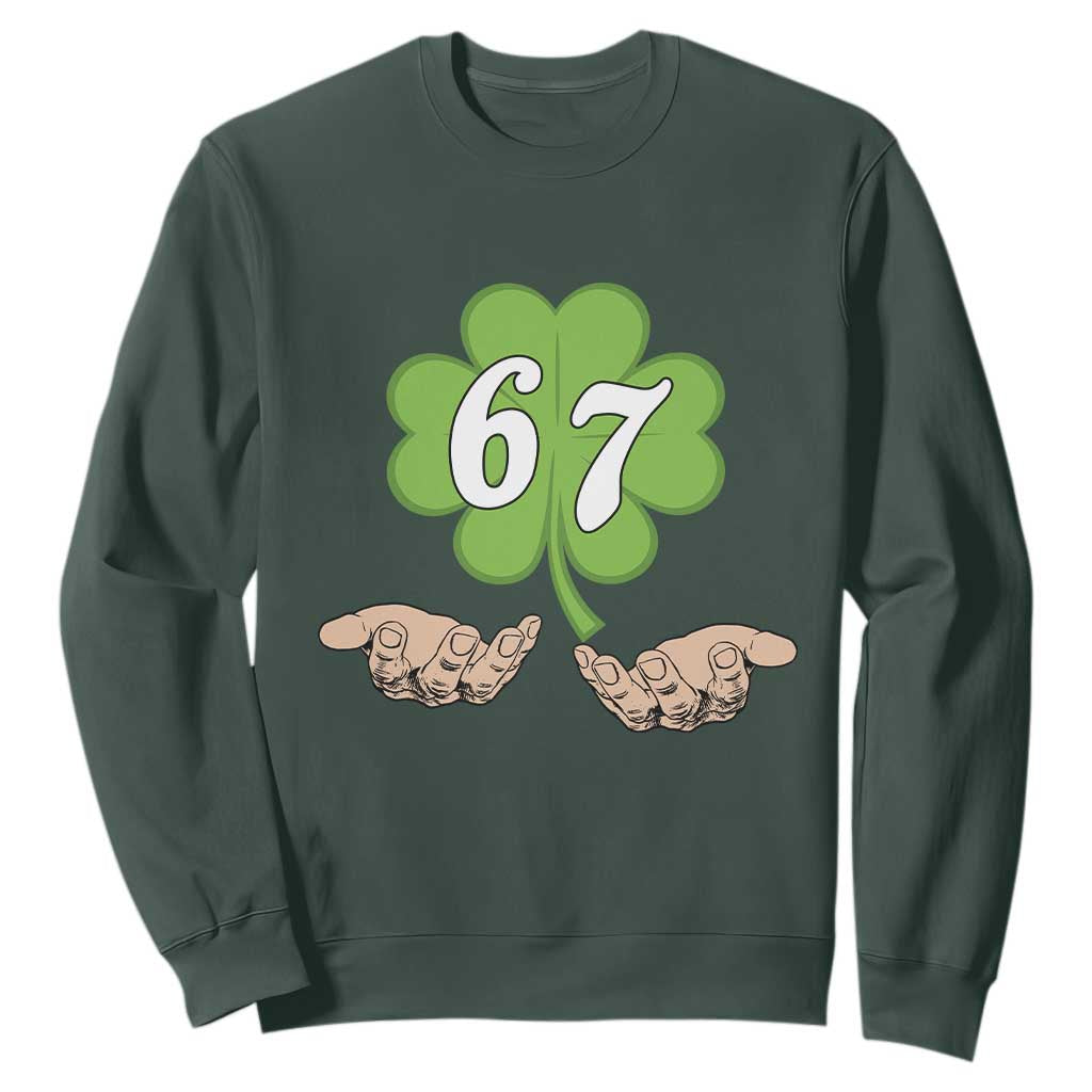 67 St Patricks Day Sweatshirt Six Seven Meme Shamrock Hand Gesture TS11 Dark Forest Green Print Your Wear
