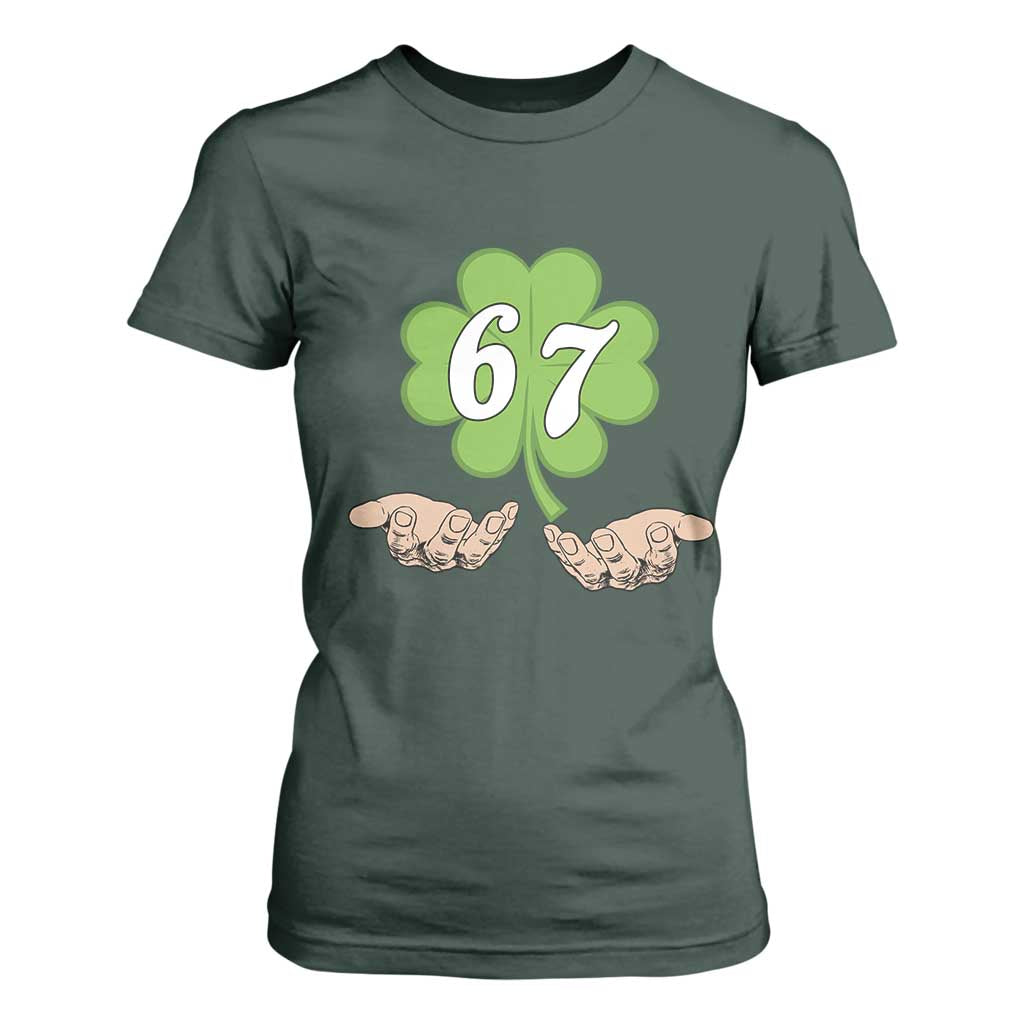 67 St Patricks Day T Shirt For Women Six Seven Meme Shamrock Hand Gesture TS11 Dark Forest Green Print Your Wear