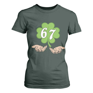 67 St Patricks Day T Shirt For Women Six Seven Meme Shamrock Hand Gesture TS11 Dark Forest Green Print Your Wear