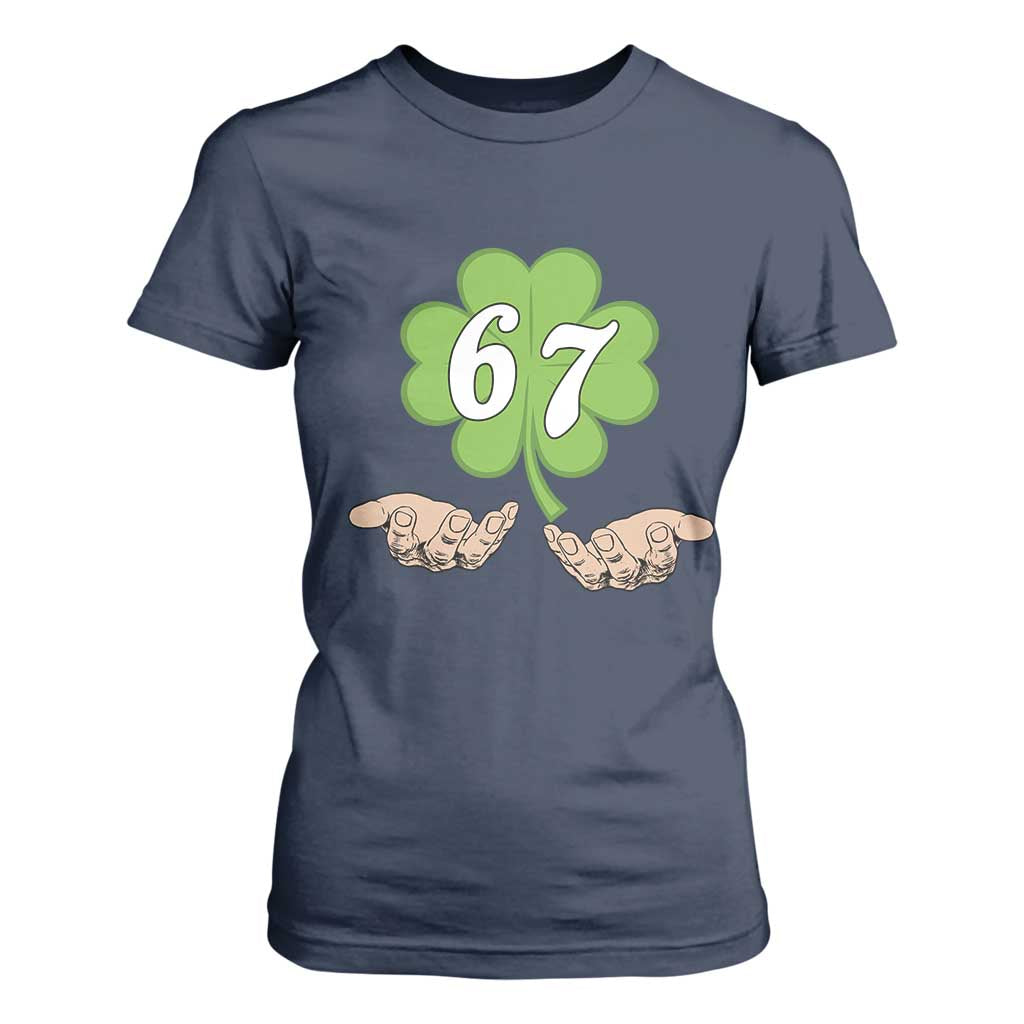 67 St Patricks Day T Shirt For Women Six Seven Meme Shamrock Hand Gesture TS11 Navy Print Your Wear