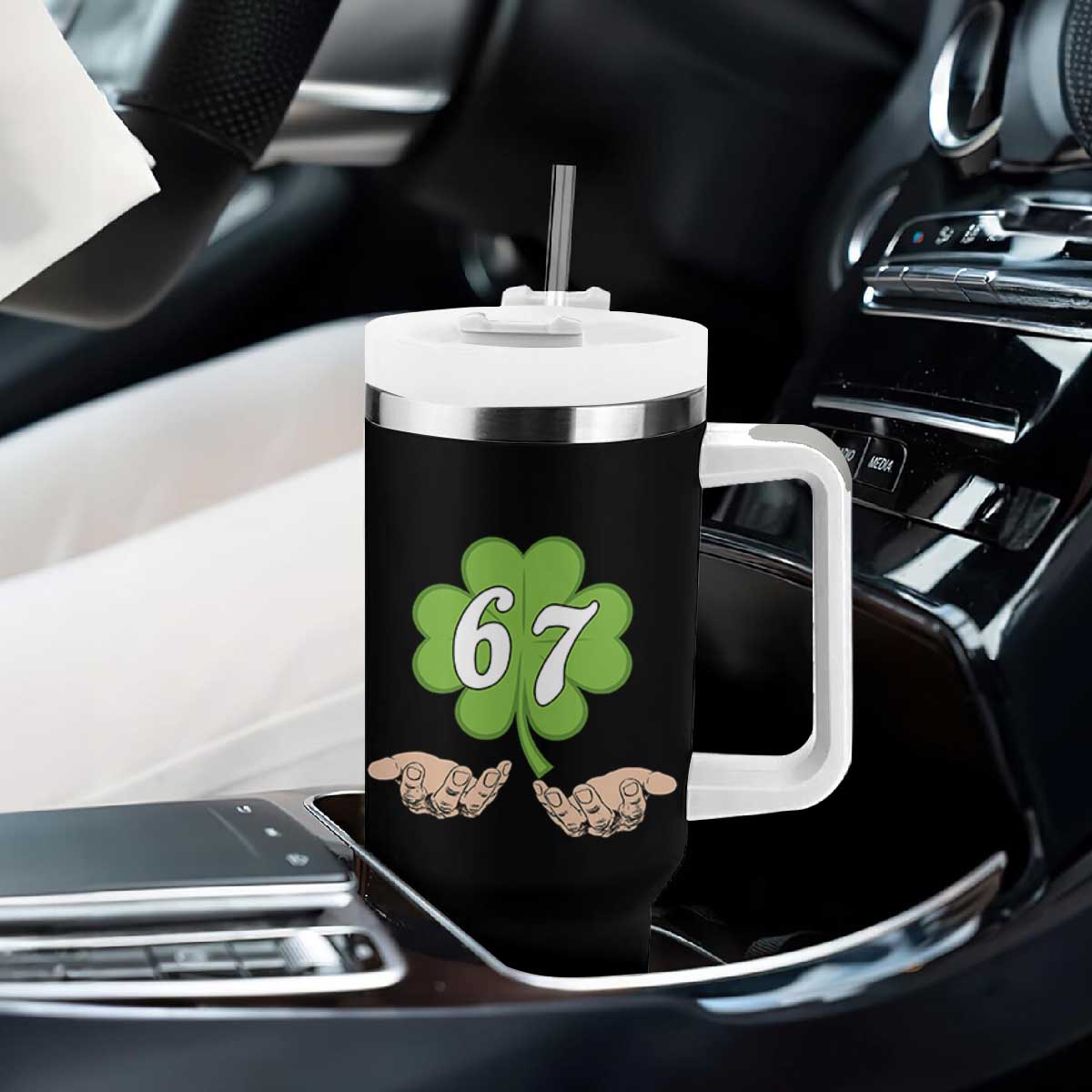 67 St Patricks Day Tumbler With Handle Six Seven Meme Shamrock Hand Gesture TS11 Print Your Wear