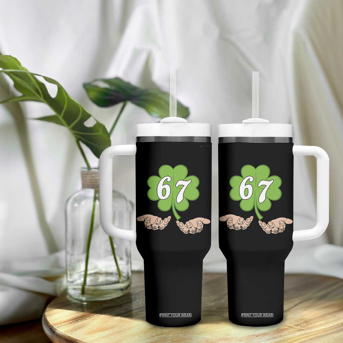 67 St Patricks Day Tumbler With Handle Six Seven Meme Shamrock Hand Gesture TS11 Print Your Wear