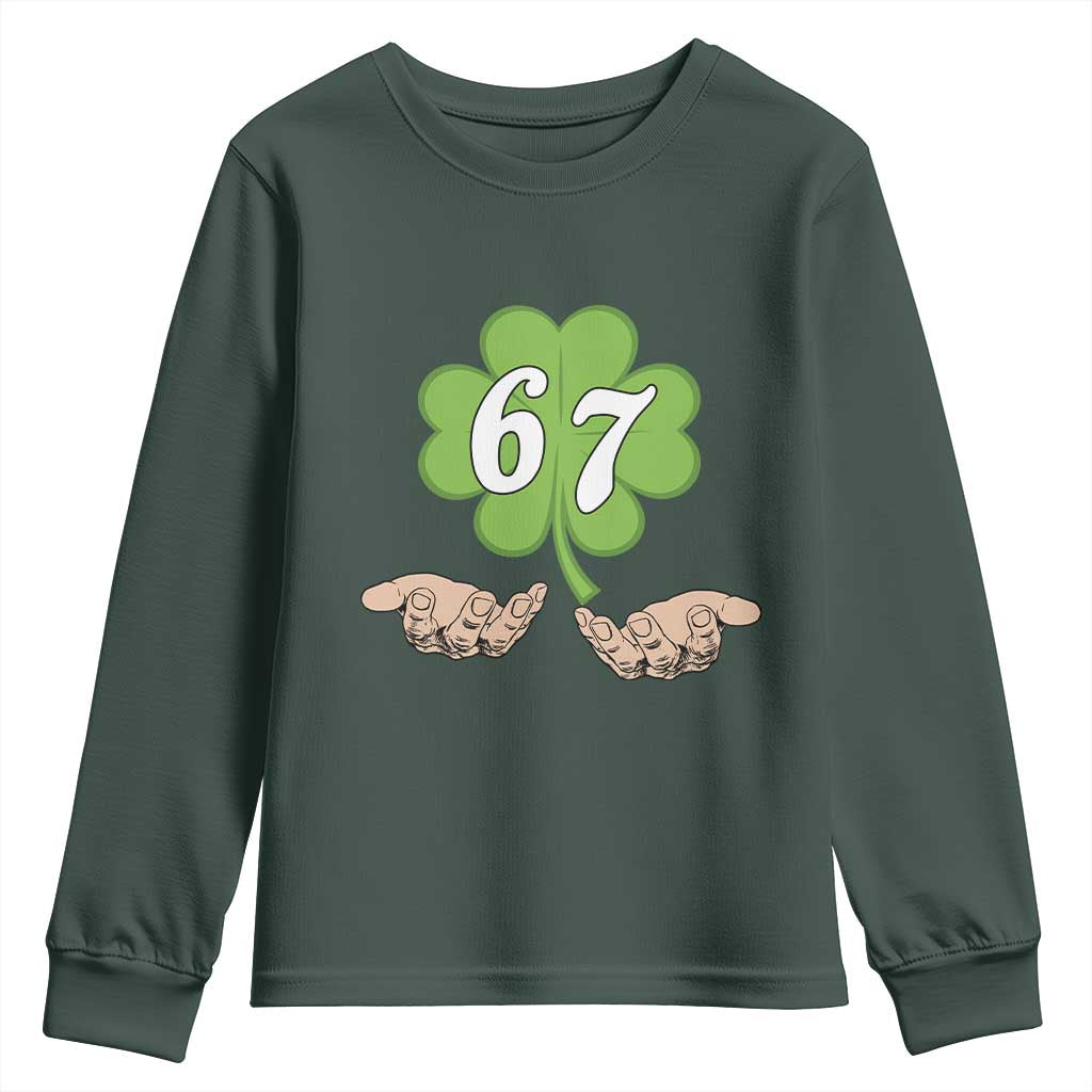 67 St Patricks Day Youth Sweatshirt Six Seven Meme Shamrock Hand Gesture TS11 Dark Forest Green Print Your Wear