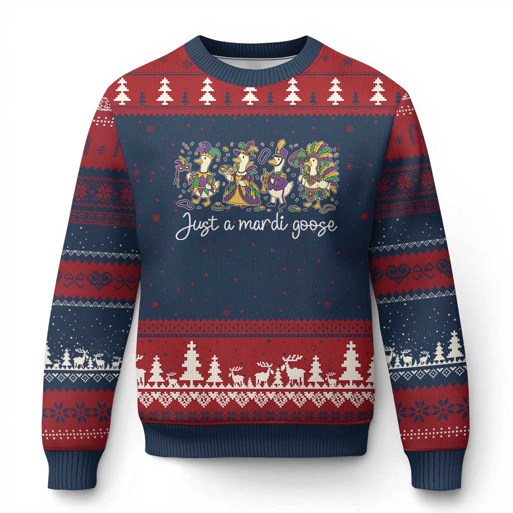 Goose Mardi Gras Ugly Christmas Sweater Funny Just A Mardi Goose New Orleans Carnival TS11 Navy Red Print Your Wear