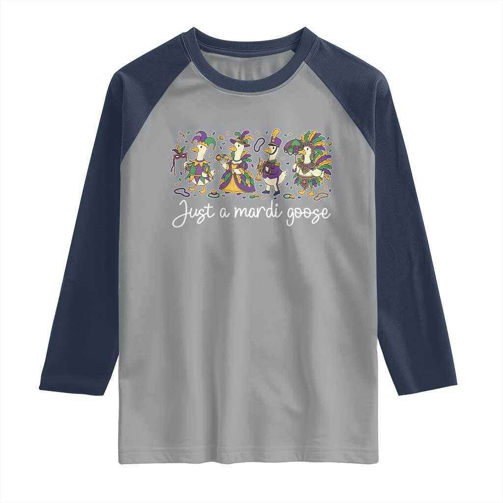 Goose Mardi Gras Raglan Shirt Funny Just A Mardi Goose New Orleans Carnival TS11 Sport Gray Navy Print Your Wear