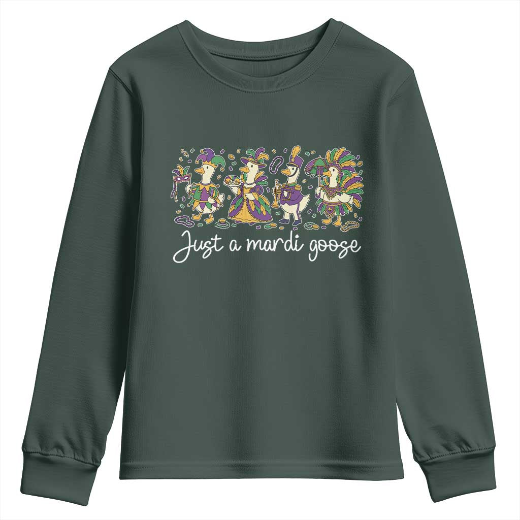 Goose Mardi Gras Youth Sweatshirt Funny Just A Mardi Goose New Orleans Carnival TS11 Dark Forest Green Print Your Wear