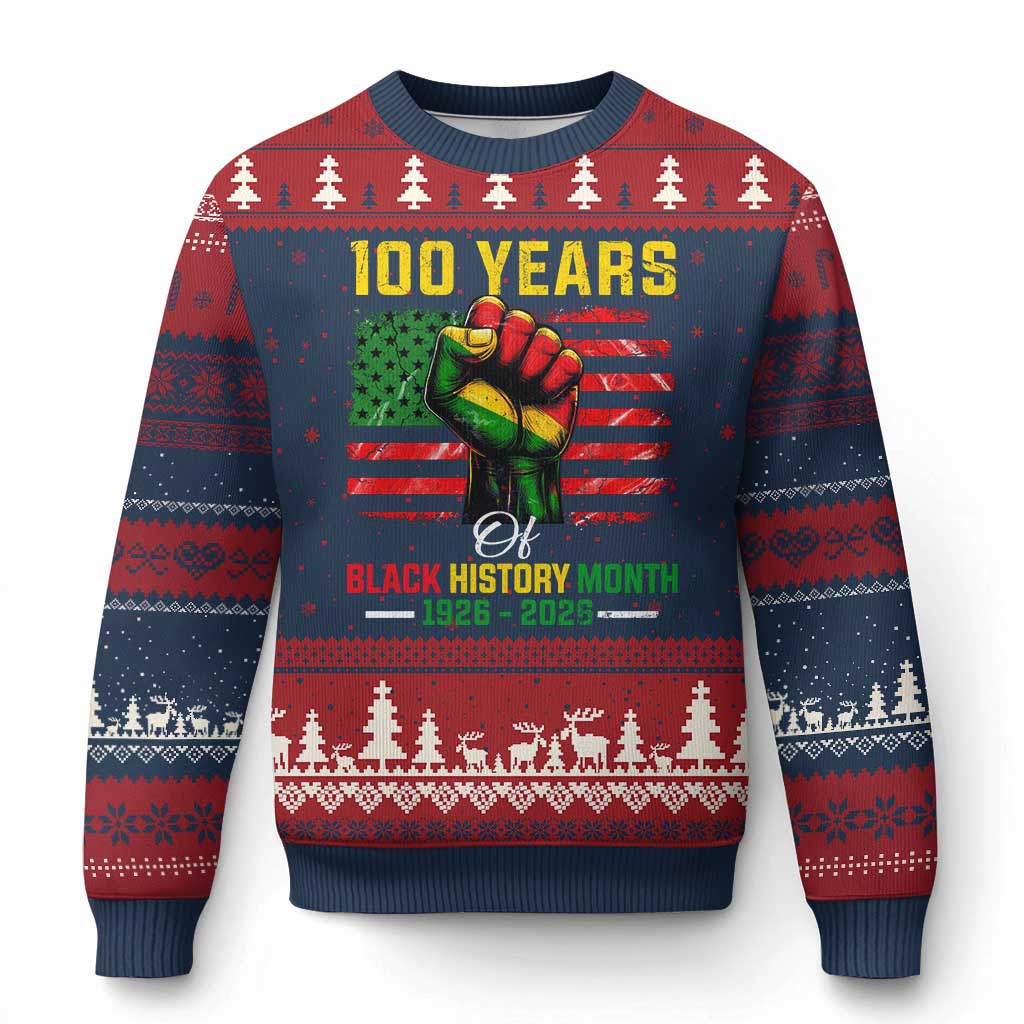 100 Years Of Black History Month Ugly Christmas Sweater Hand Fist African American Milestone American Flag TS11 Navy Red Print Your Wear