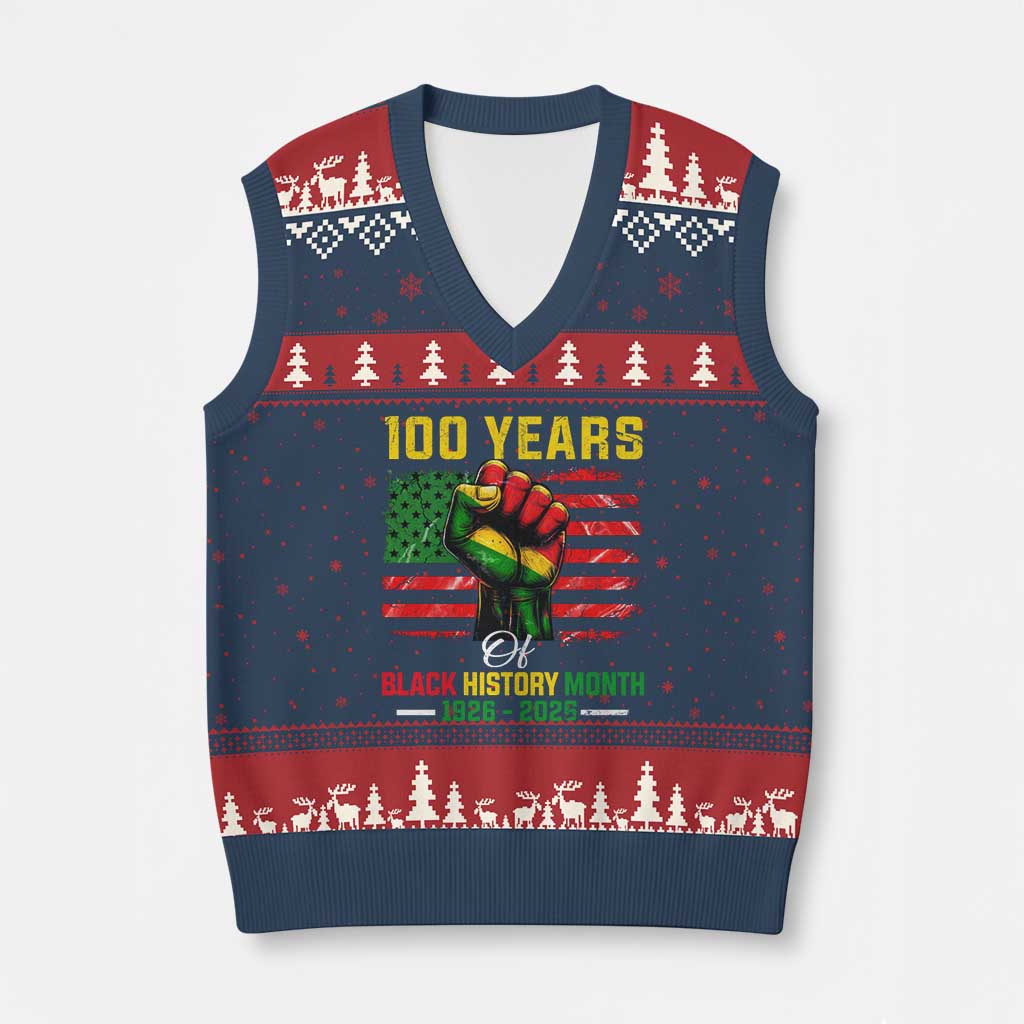 100 Years Of Black History Month V-Neck Knit Sweater Vest Hand Fist African American Milestone American Flag TS11 Navy Red Print Your Wear