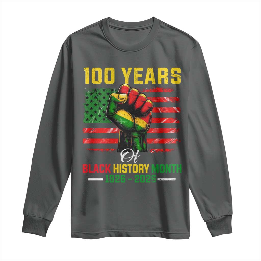 100 Years Of Black History Month Long Sleeve Shirt Hand Fist African American Milestone American Flag TS11 Dark Heather Print Your Wear
