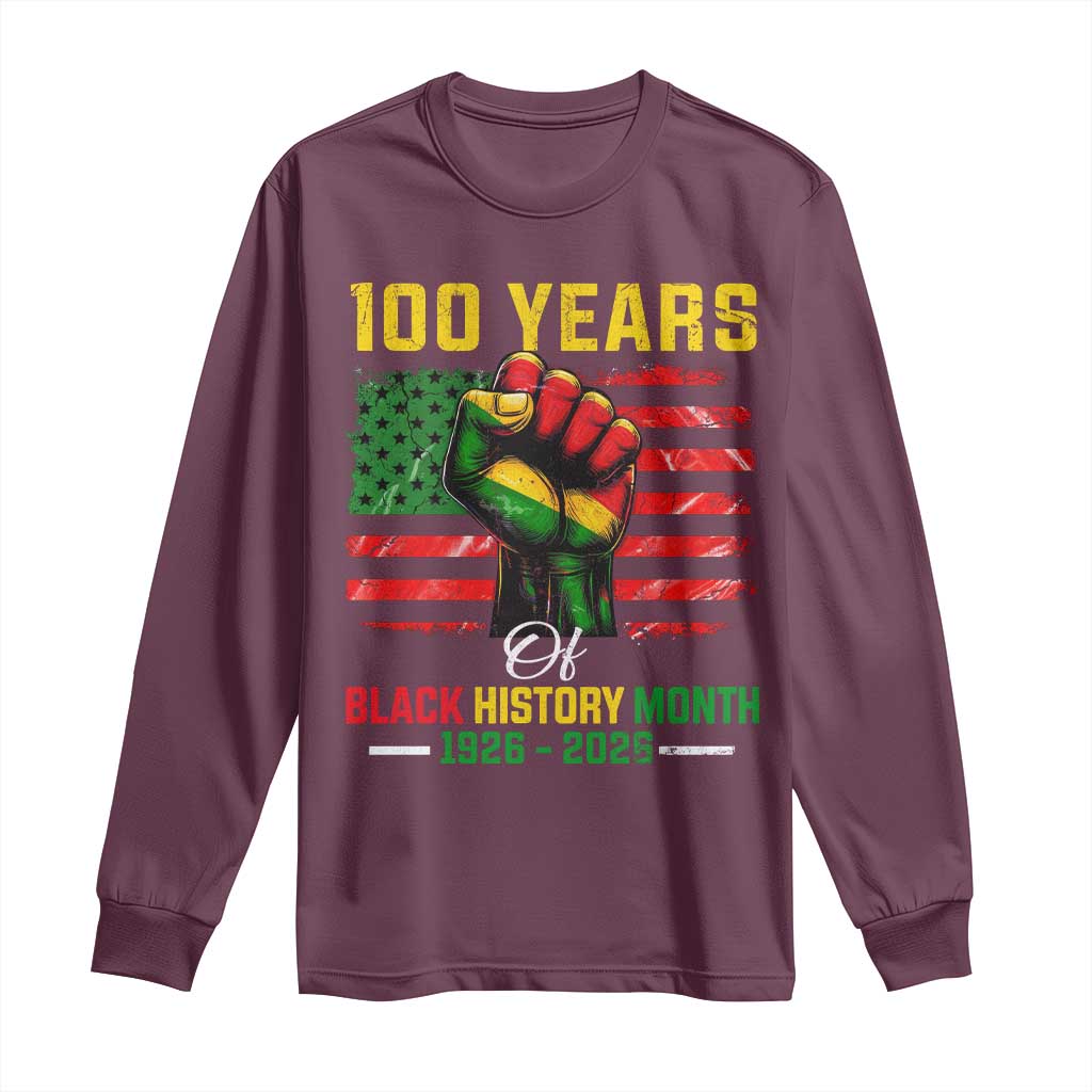 100 Years Of Black History Month Long Sleeve Shirt Hand Fist African American Milestone American Flag TS11 Maroon Print Your Wear