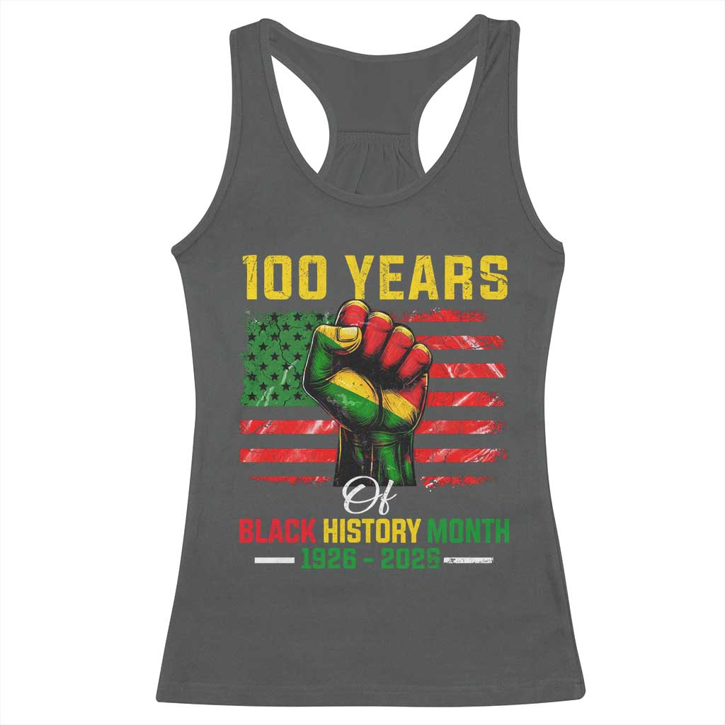 100 Years Of Black History Month Racerback Tank Top Hand Fist African American Milestone American Flag TS11 Dark Heather Print Your Wear