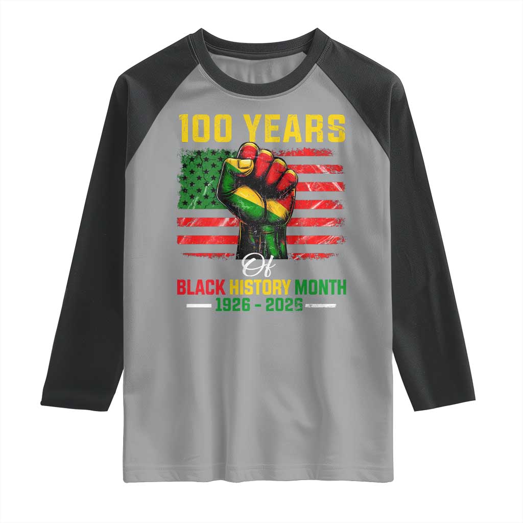 100 Years Of Black History Month Raglan Shirt Hand Fist African American Milestone American Flag TS11 Sport Gray Black Print Your Wear