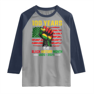 100 Years Of Black History Month Raglan Shirt Hand Fist African American Milestone American Flag TS11 Sport Gray Navy Print Your Wear