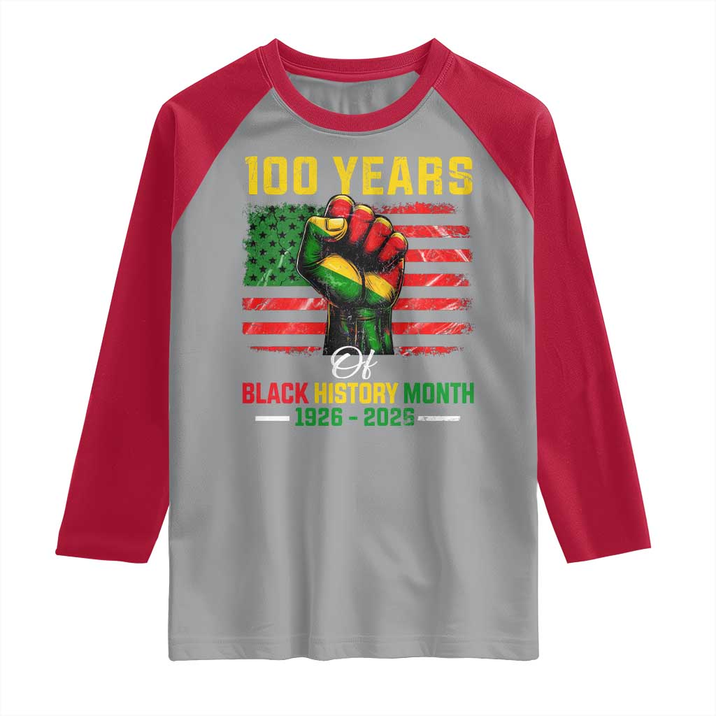 100 Years Of Black History Month Raglan Shirt Hand Fist African American Milestone American Flag TS11 Sport Gray Red Print Your Wear