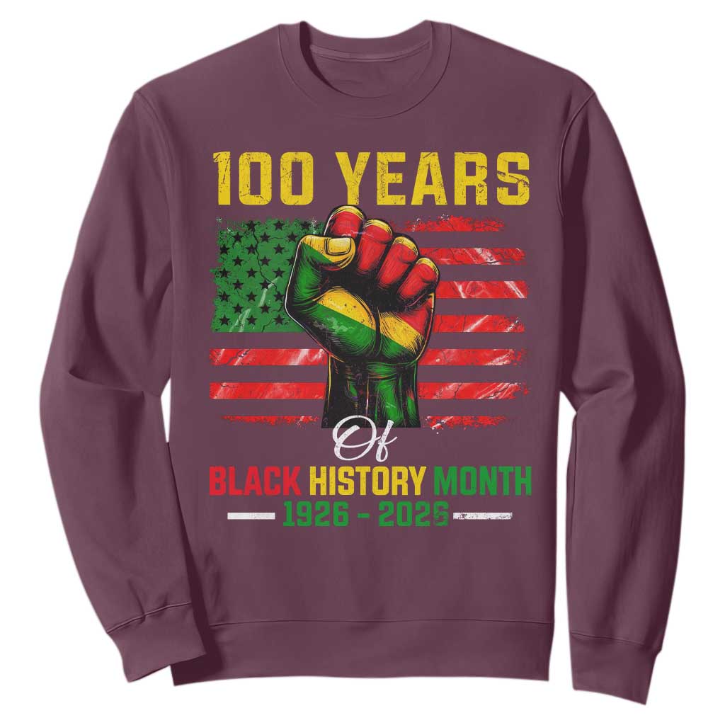 100 Years Of Black History Month Sweatshirt Hand Fist African American Milestone American Flag TS11 Maroon Print Your Wear