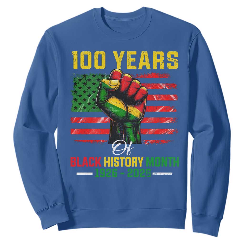 100 Years Of Black History Month Sweatshirt Hand Fist African American Milestone American Flag TS11 Royal Blue Print Your Wear