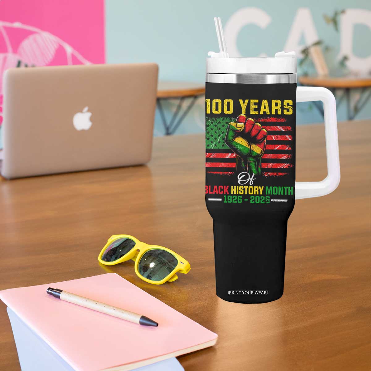 100 Years Of Black History Month Tumbler With Handle Hand Fist African American Milestone American Flag TS11 Print Your Wear