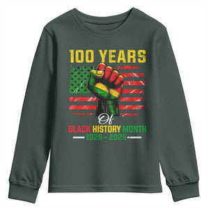 100 Years Of Black History Month Youth Sweatshirt Hand Fist African American Milestone American Flag TS11 Dark Forest Green Print Your Wear