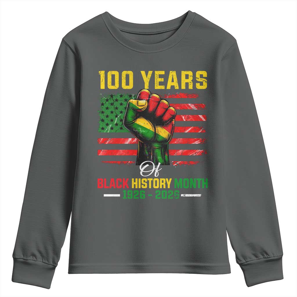 100 Years Of Black History Month Youth Sweatshirt Hand Fist African American Milestone American Flag TS11 Dark Heather Print Your Wear