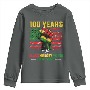 100 Years Of Black History Month Youth Sweatshirt Hand Fist African American Milestone American Flag TS11 Dark Heather Print Your Wear