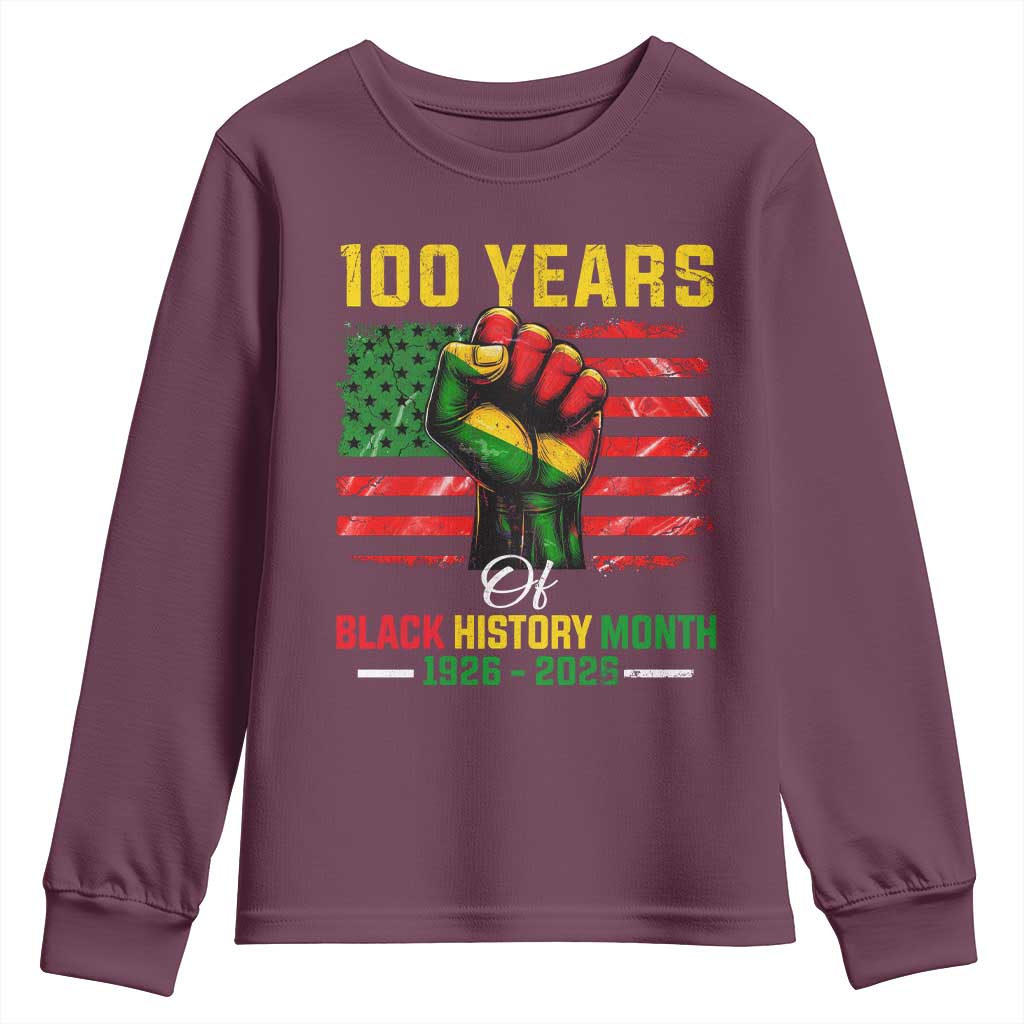 100 Years Of Black History Month Youth Sweatshirt Hand Fist African American Milestone American Flag TS11 Maroon Print Your Wear