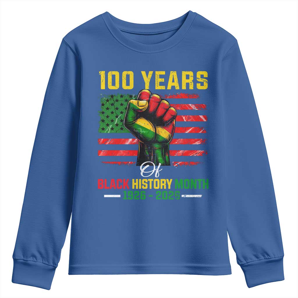 100 Years Of Black History Month Youth Sweatshirt Hand Fist African American Milestone American Flag TS11 Royal Blue Print Your Wear