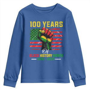 100 Years Of Black History Month Youth Sweatshirt Hand Fist African American Milestone American Flag TS11 Royal Blue Print Your Wear