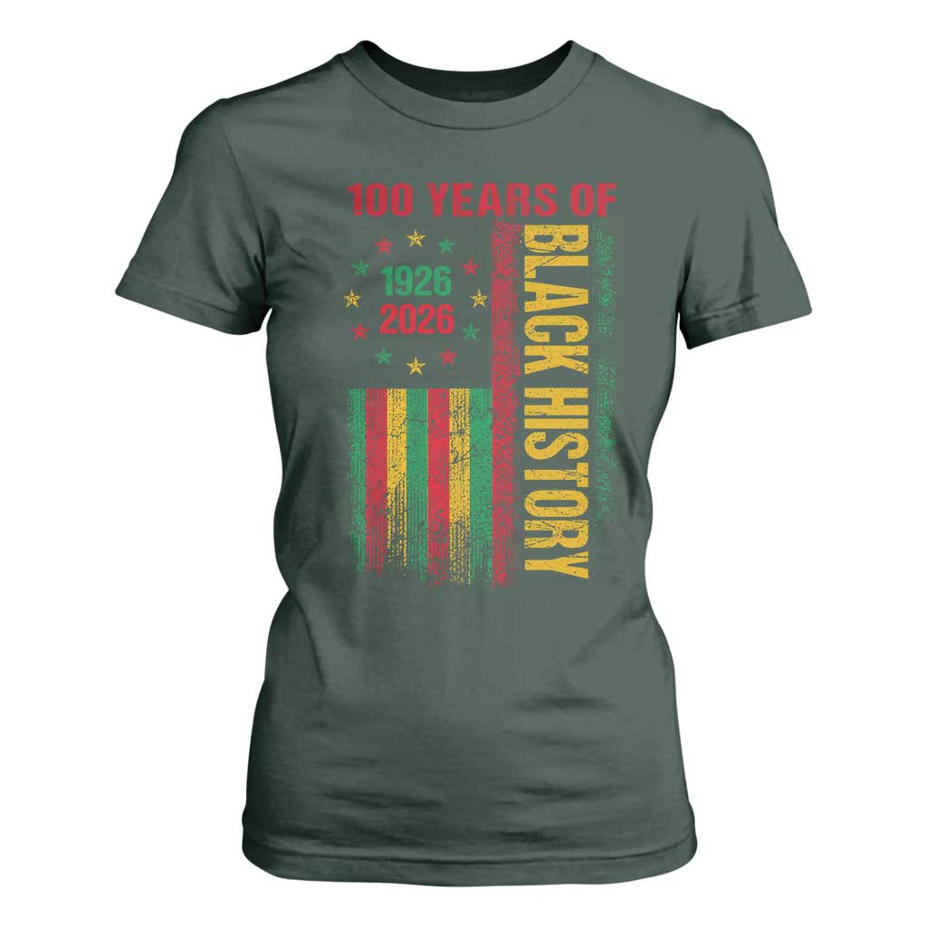 100 Years Of Black History T Shirt For Women Centennial Milestone Vintage African American Flag TS11 Dark Forest Green Print Your Wear
