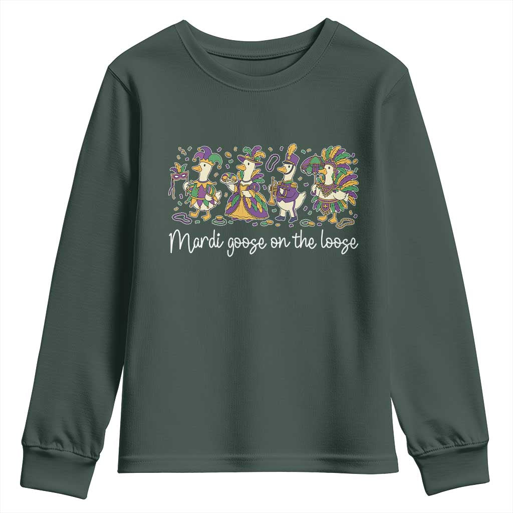 Goose Mardi Gras Youth Sweatshirt Funny Mardi Goose On The Loose New Orleans Carnival TS11 Dark Forest Green Print Your Wear