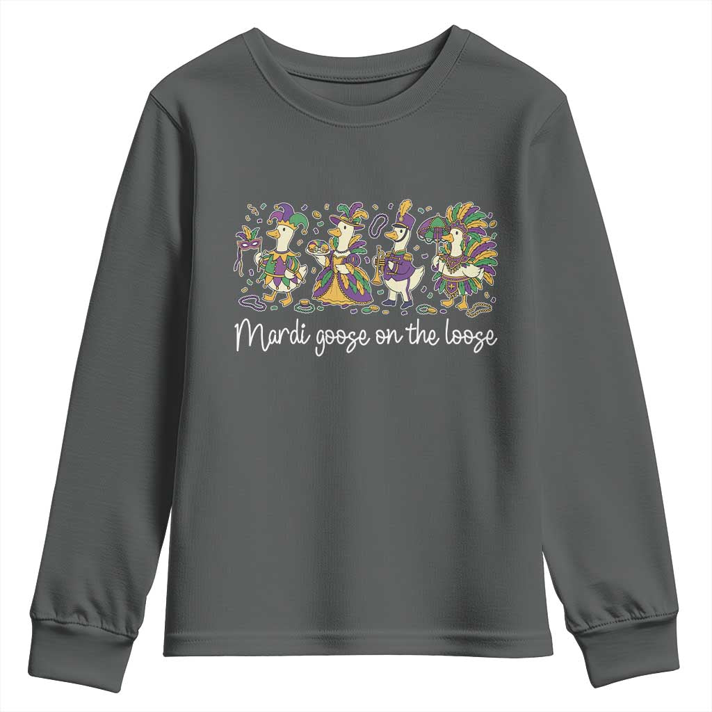 Goose Mardi Gras Youth Sweatshirt Funny Mardi Goose On The Loose New Orleans Carnival TS11 Dark Heather Print Your Wear
